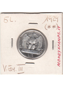 1929 5 Lire Vittorio Emanuele III 5 Lire Aquila 2 Rosette MB+